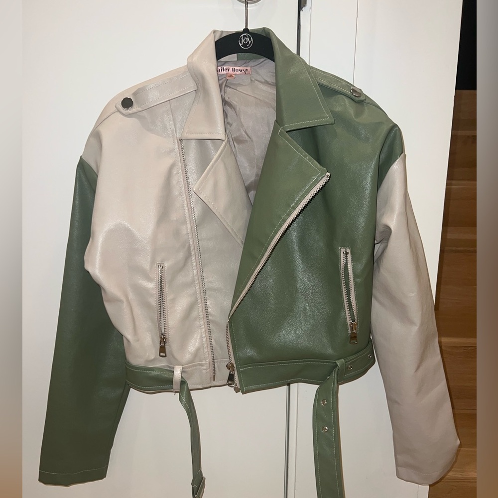 Bailey Rose cream and green vegan leather jacket, size xs
